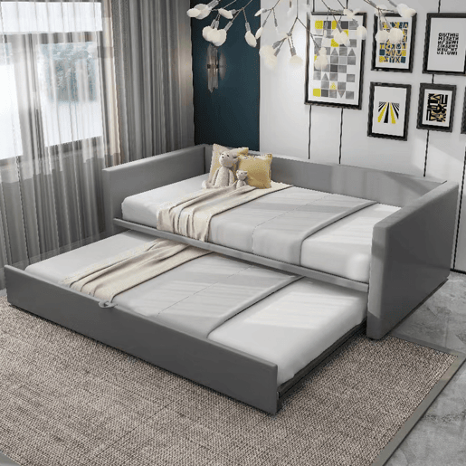 Cama de rodízio de veludo com estrado de ripas - 90180x200cm - Cinzento claro