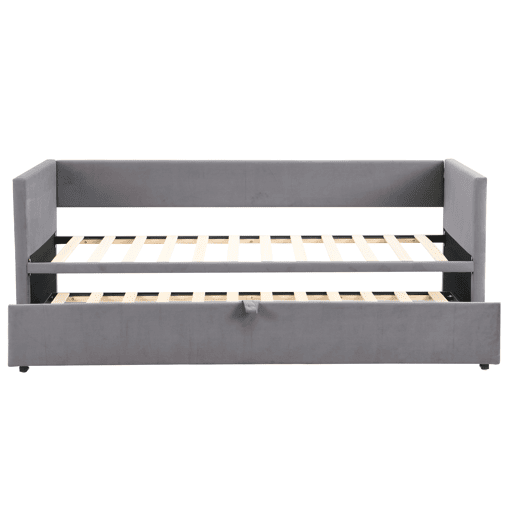 Cama de rodízio de veludo com estrado de ripas - 90180x200cm - Cinzento claro
