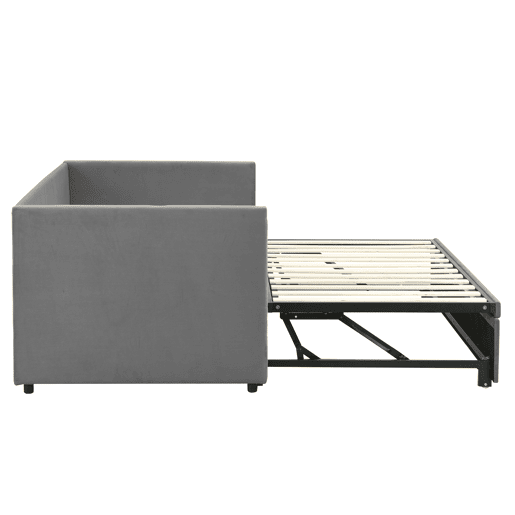 Cama de rodízio de veludo com estrado de ripas - 90180x200cm - Cinzento claro