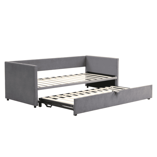 Cama de rodízio de veludo com estrado de ripas - 90180x200cm - Cinzento claro