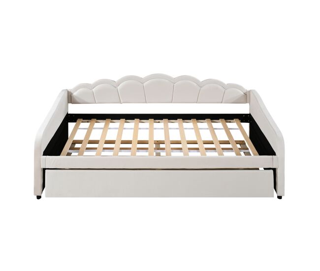 Diván cama con led 90x200cm + cama nido 90x190cm - tapizado en tela terciopelo - beige (colchón no incluido)
