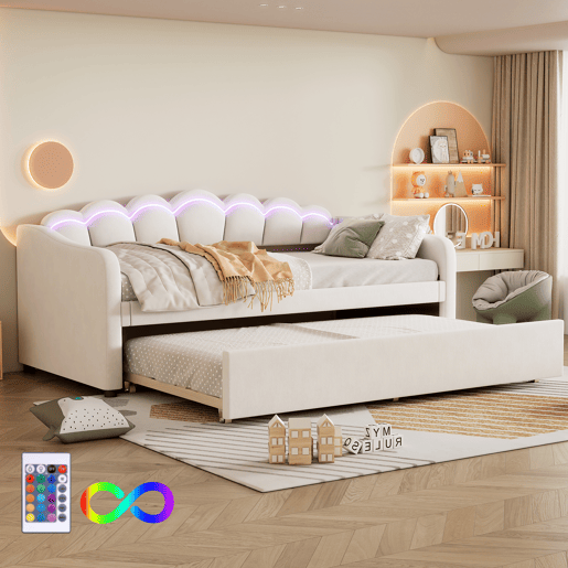 Cama divã com LED 90x200cm + cama com gavetão 90x190cm - estofo em tecido de veludo - Bege (colchão não incluído)