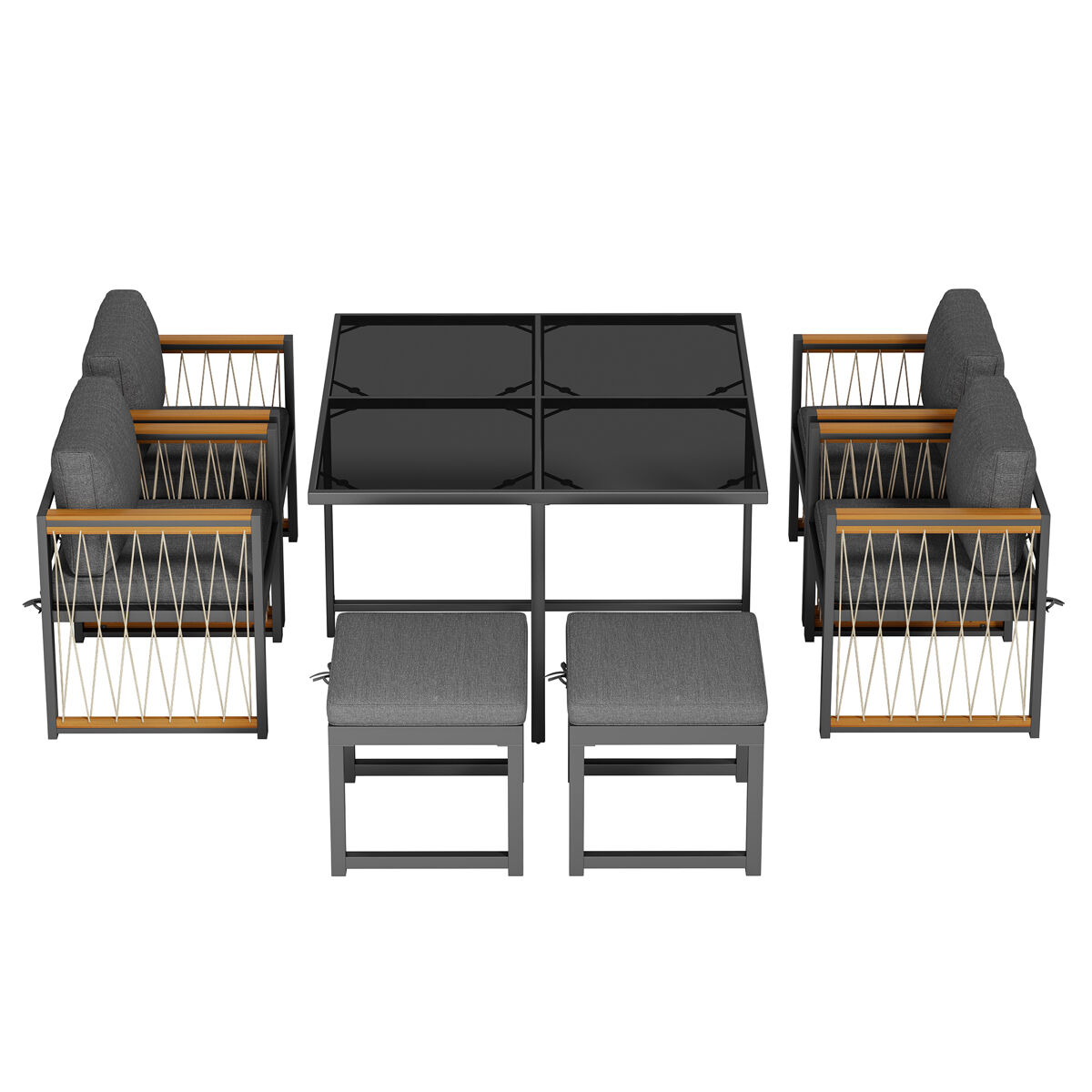 Mesa y sillas de jardín 7 piezas de madera de acacia con 1 mesa,4 sillas y 2 taburetes,negro