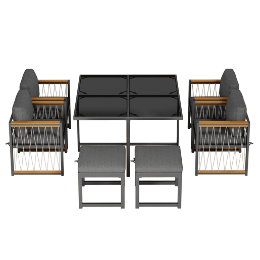 Conjunto de mesa e cadeiras de jardim de madeira de acácia 7 peças com 1 mesa,4 cadeiras e 2 bancos,preto