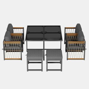 Conjunto de mesa e cadeiras de jardim de madeira de acácia 7 peças com 1 mesa,4 cadeiras e 2 bancos,preto