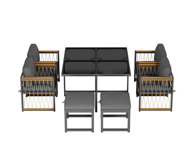 Mesa y sillas de jardín 7 piezas de madera de acacia con 1 mesa,4 sillas y 2 taburetes,negro