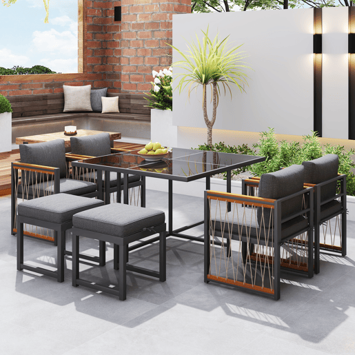 Conjunto de mesa e cadeiras de jardim de madeira de acácia 7 peças com 1 mesa,4 cadeiras e 2 bancos,preto