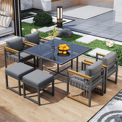 Conjunto de mesa e cadeiras de jardim de madeira de acácia 7 peças com 1 mesa,4 cadeiras e 2 bancos,preto