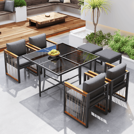 Conjunto de mesa e cadeiras de jardim de madeira de acácia 7 peças com 1 mesa,4 cadeiras e 2 bancos,preto