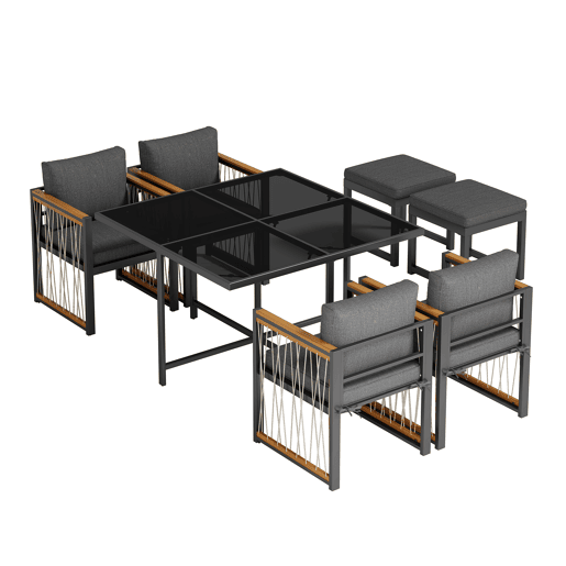 Conjunto de mesa e cadeiras de jardim de madeira de acácia 7 peças com 1 mesa,4 cadeiras e 2 bancos,preto