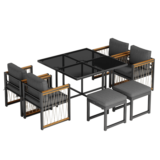 Conjunto de mesa e cadeiras de jardim de madeira de acácia 7 peças com 1 mesa,4 cadeiras e 2 bancos,preto