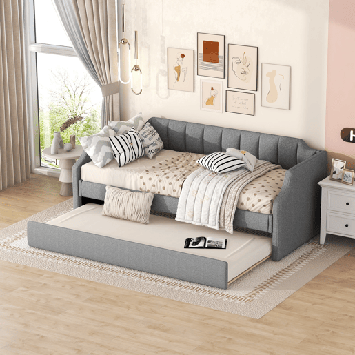 Cama de rodízio 90x190200cm em tecido de linho - com estrado de molas - Cinzento