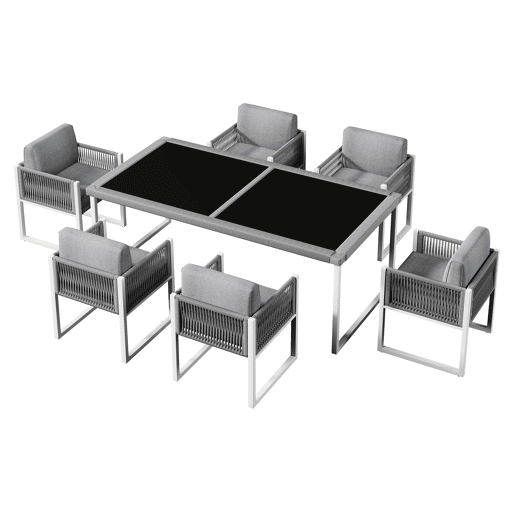 Conjunto de mesa e cadeiras de jardim de vime PE 7 peças com 1 mesa e 6 cadeiras,cinzento+branco