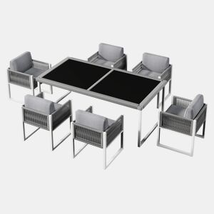 Conjunto de mesa e cadeiras de jardim de vime PE 7 peças com 1 mesa e 6 cadeiras,cinzento+branco