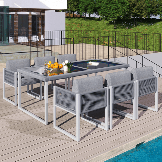 Conjunto de mesa e cadeiras de jardim de vime PE 7 peças com 1 mesa e 6 cadeiras,cinzento+branco