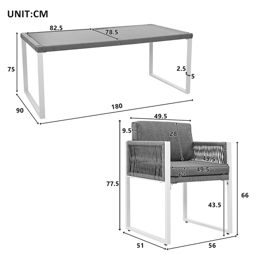Conjunto de mesa e cadeiras de jardim de vime PE 7 peças com 1 mesa e 6 cadeiras,cinzento+branco
