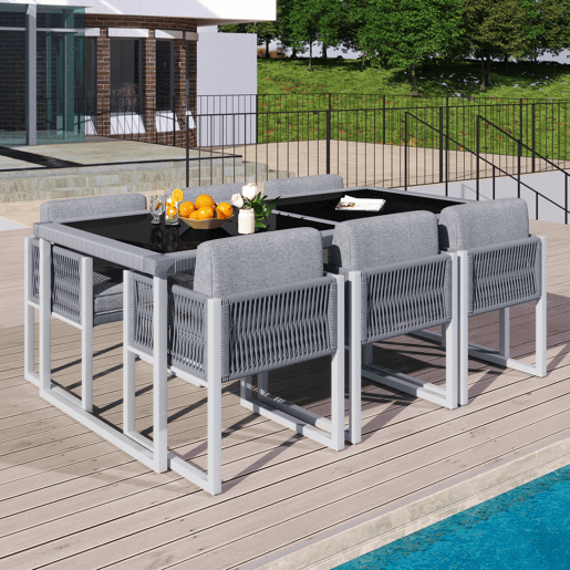 Conjunto de mesa e cadeiras de jardim de vime PE 7 peças com 1 mesa e 6 cadeiras,cinzento+branco