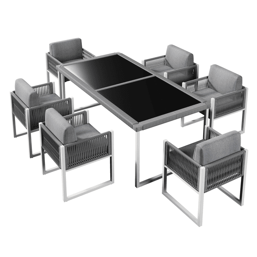 Conjunto de mesa e cadeiras de jardim de vime PE 7 peças com 1 mesa e 6 cadeiras,cinzento+branco
