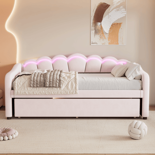 Cama divã com LED 90x200cm + cama com gavetão 90x190cm - estofada em tecido de veludo - Rosa (colchão não incluído)