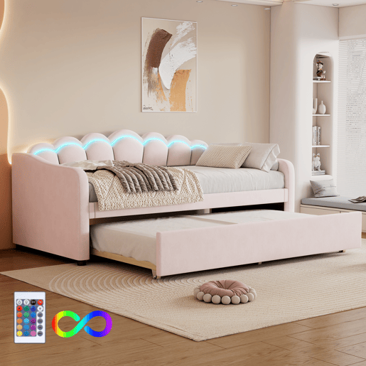 Cama divã com LED 90x200cm + cama com gavetão 90x190cm - estofada em tecido de veludo - Rosa (colchão não incluído)
