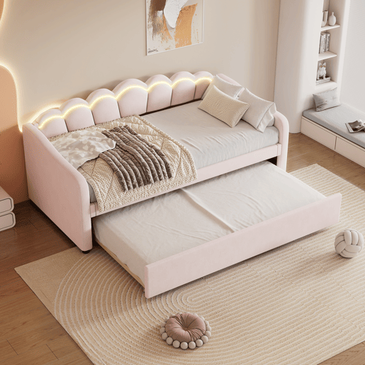Cama divã com LED 90x200cm + cama com gavetão 90x190cm - estofada em tecido de veludo - Rosa (colchão não incluído)