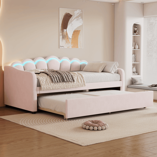 Cama divã com LED 90x200cm + cama com gavetão 90x190cm - estofada em tecido de veludo - Rosa (colchão não incluído)