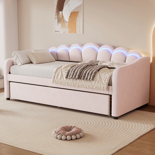 Cama divã com LED 90x200cm + cama com gavetão 90x190cm - estofada em tecido de veludo - Rosa (colchão não incluído)