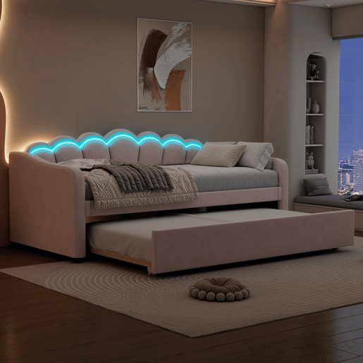 Cama divã com LED 90x200cm + cama com gavetão 90x190cm - estofada em tecido de veludo - Rosa (colchão não incluído)