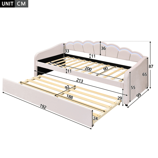 Cama divã com LED 90x200cm + cama com gavetão 90x190cm - estofada em tecido de veludo - Rosa (colchão não incluído)