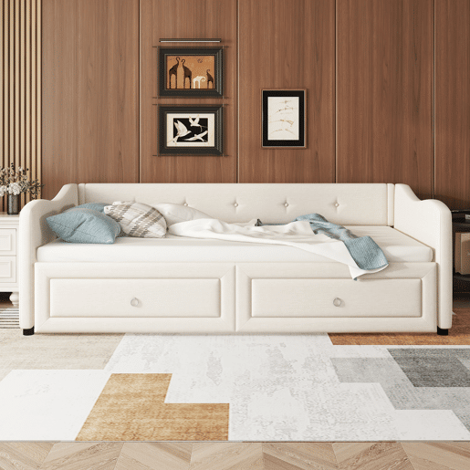 Cama de rodízio 90180x200cm com 2 gavetas - tecido de linho - Bege (colchão não incluído)