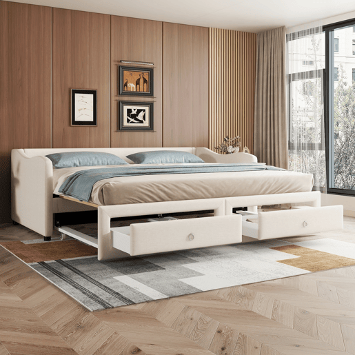 Cama de rodízio 90180x200cm com 2 gavetas - tecido de linho - Bege (colchão não incluído)