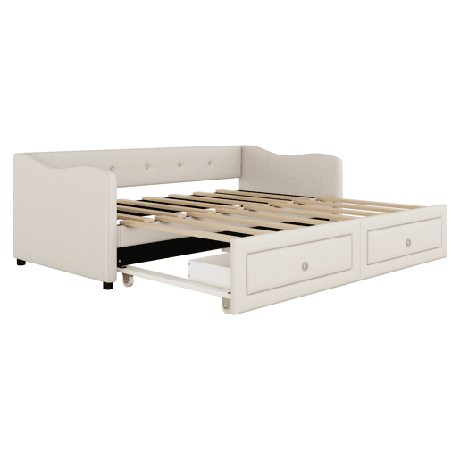 Cama de rodízio 90180x200cm com 2 gavetas - tecido de linho - Bege (colchão não incluído)
