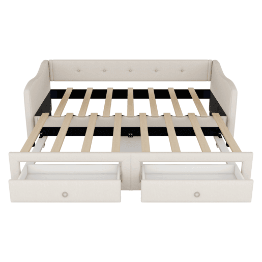 Cama de rodízio 90180x200cm com 2 gavetas - tecido de linho - Bege (colchão não incluído)