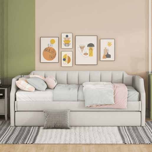 Cama de rodízio 90x190200cm em tecido de linho - com estrado de molas - Bege
