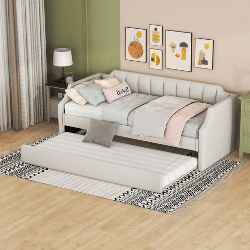 Cama de rodízio 90x190200cm em tecido de linho - com estrado de molas - Bege