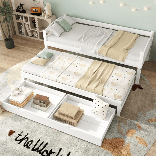 Cama gavetão de madeira de pinho 90x200(90x190)cm com 2 gavetas,branco