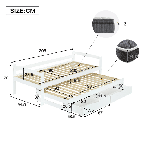 Cama gavetão de madeira de pinho 90x200(90x190)cm com 2 gavetas,branco