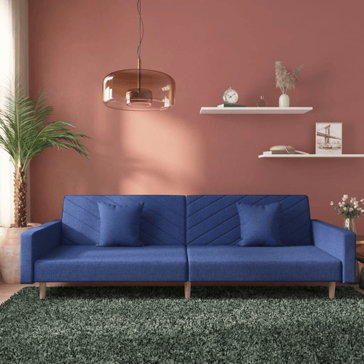 vidaXL Sofá-cama 2 lugares com duas almofadas tecido azul