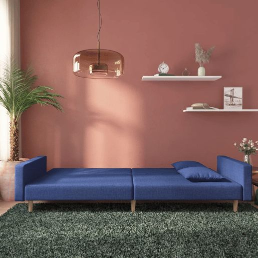 vidaXL Sofá-cama 2 lugares com duas almofadas tecido azul