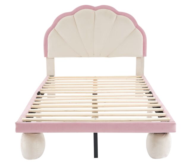 Cama infantil de terciopelo 90x200cm con luz led,cabecero festoneado et patas redondas acolchadas,rosa+beige