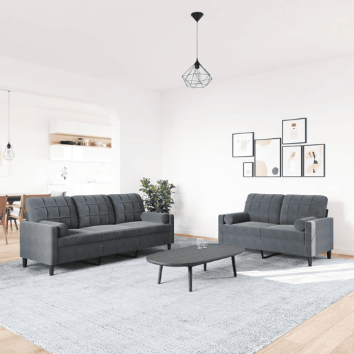 vidaXL 2 pcs conjunto sofás com almofadões e rolos veludo cinza-escuro vidaXL 2 pcs conjunto sofás com almofadões e rolos veludo cinza-escuro