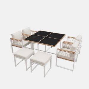 Conjunto de mesa e cadeiras de jardim de madeira de acácia 7 peças com 1 mesa,4 cadeiras e 2 bancos,branco+natural