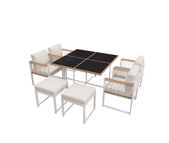 Mesa y sillas de jardín 7 piezas de madera de acacia con 1 mesa,4 sillas y 2 taburetes,blanco+natural