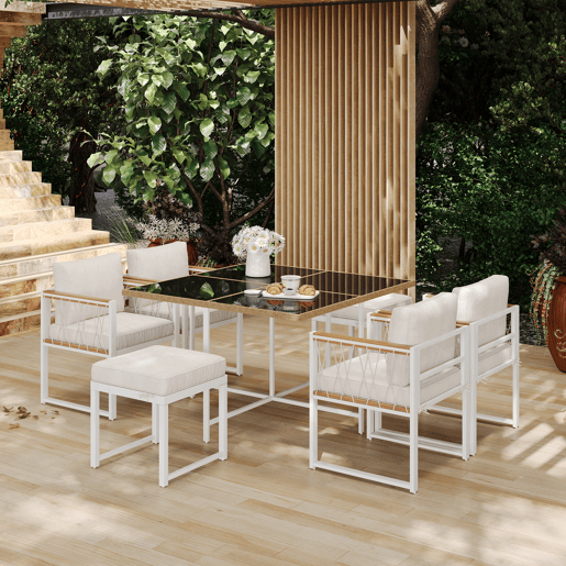 Conjunto de mesa e cadeiras de jardim de madeira de acácia 7 peças com 1 mesa,4 cadeiras e 2 bancos,branco+natural
