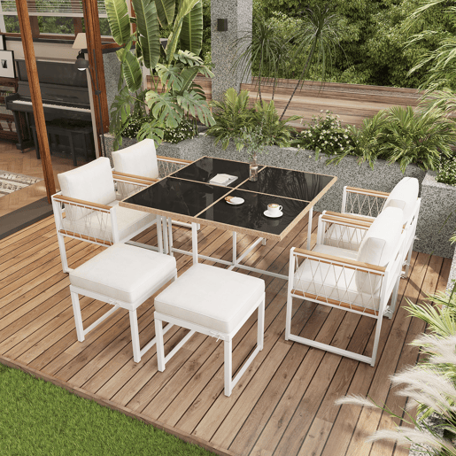 Conjunto de mesa e cadeiras de jardim de madeira de acácia 7 peças com 1 mesa,4 cadeiras e 2 bancos,branco+natural