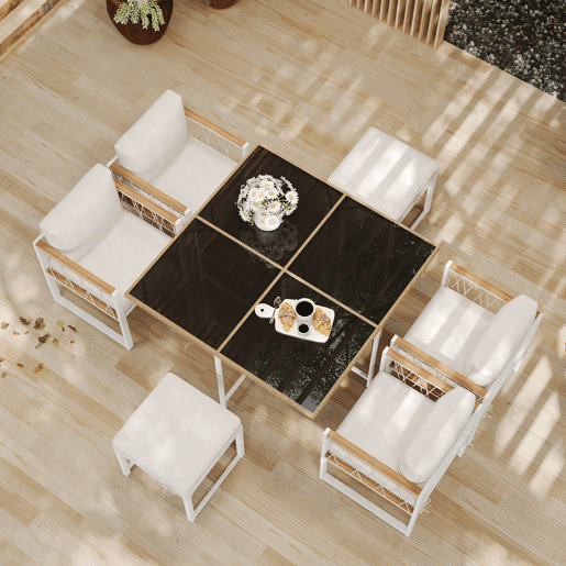 Conjunto de mesa e cadeiras de jardim de madeira de acácia 7 peças com 1 mesa,4 cadeiras e 2 bancos,branco+natural