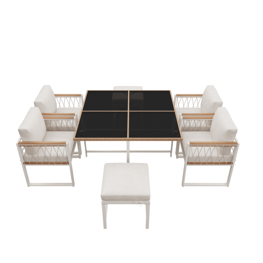 Conjunto de mesa e cadeiras de jardim de madeira de acácia 7 peças com 1 mesa,4 cadeiras e 2 bancos,branco+natural