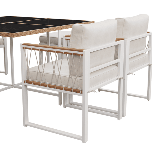 Conjunto de mesa e cadeiras de jardim de madeira de acácia 7 peças com 1 mesa,4 cadeiras e 2 bancos,branco+natural