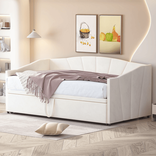 Cama com gavetão de veludo 180x200 cm - estrado - bege
