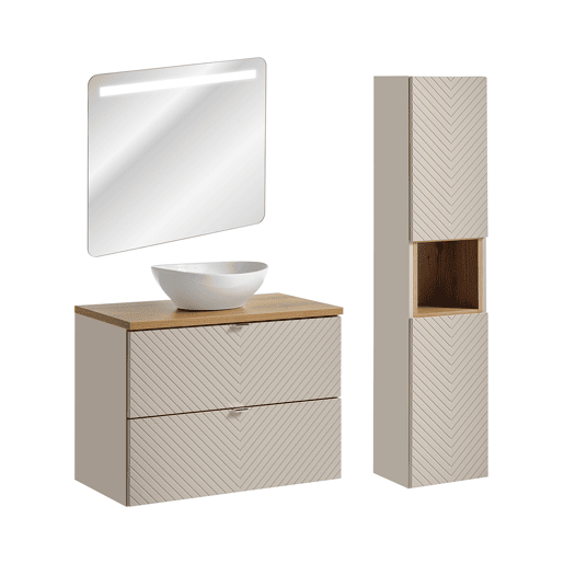 Conjunto móvel simples lavatório 80cm 2 gavetas espelho LED e coluna Manoa Caxemira e madeira
